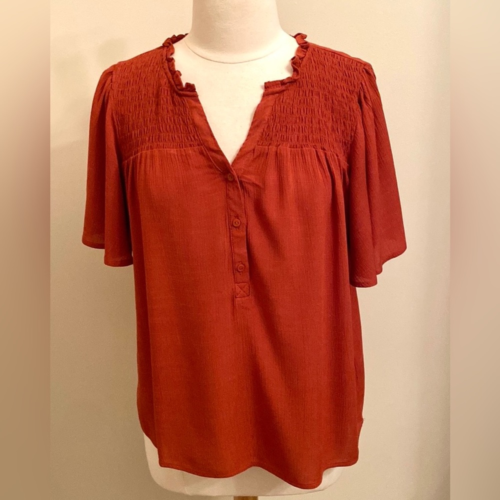 Maurices Burnt Orange SZ M Earthy Bohemian Cottagecore Smocked Ruffle Top